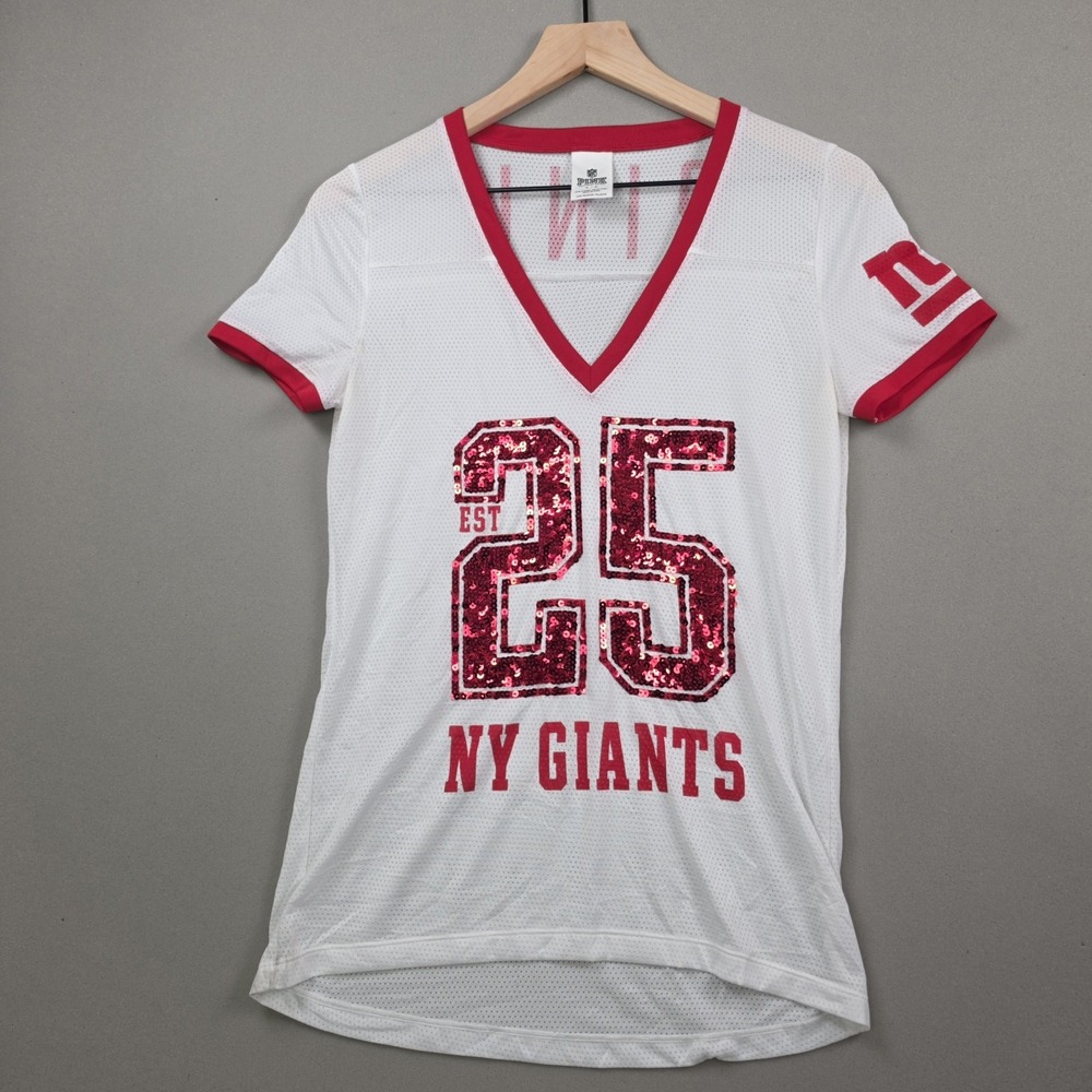 Victorias Secret PINK NY Giants Jersey Womens S White Sequin NFL Football Tee 25